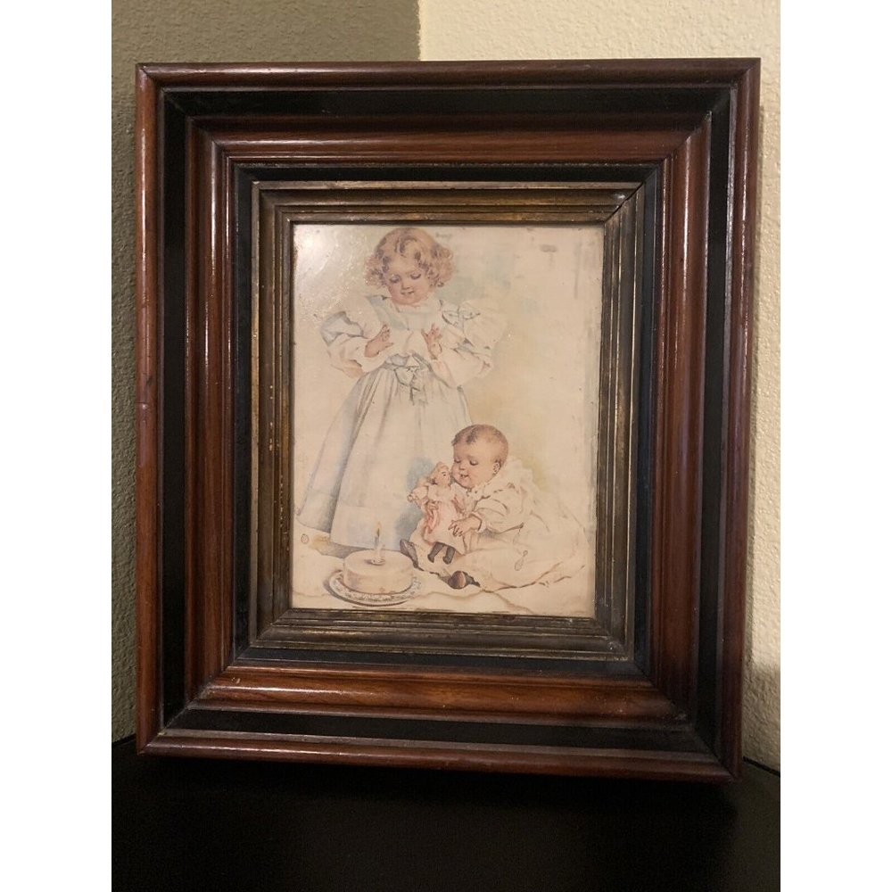 Antique Maud Humphrey Art Print Original Amazing Wood Frame 1st Birthday